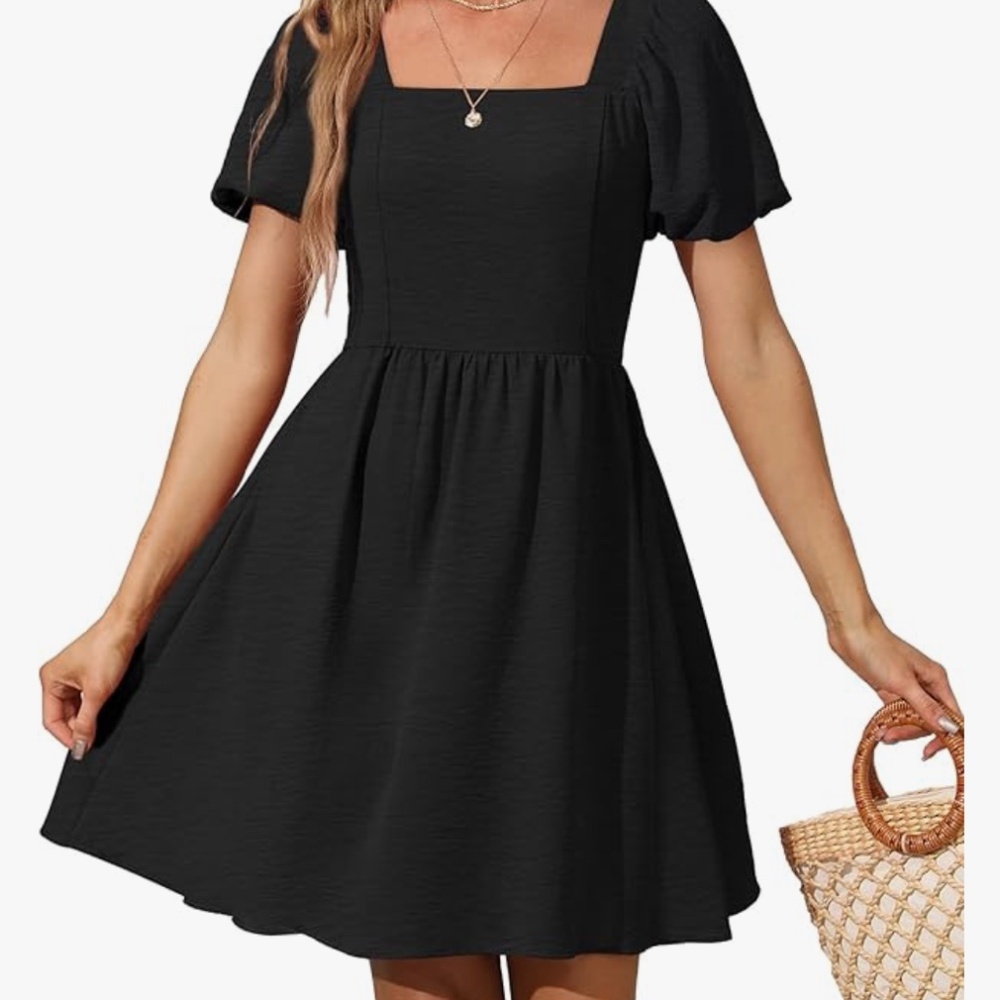 OFEEFAN Womens Summer Puff Sleeve Square Neck Zipper Side Mini Dresses Tie Back